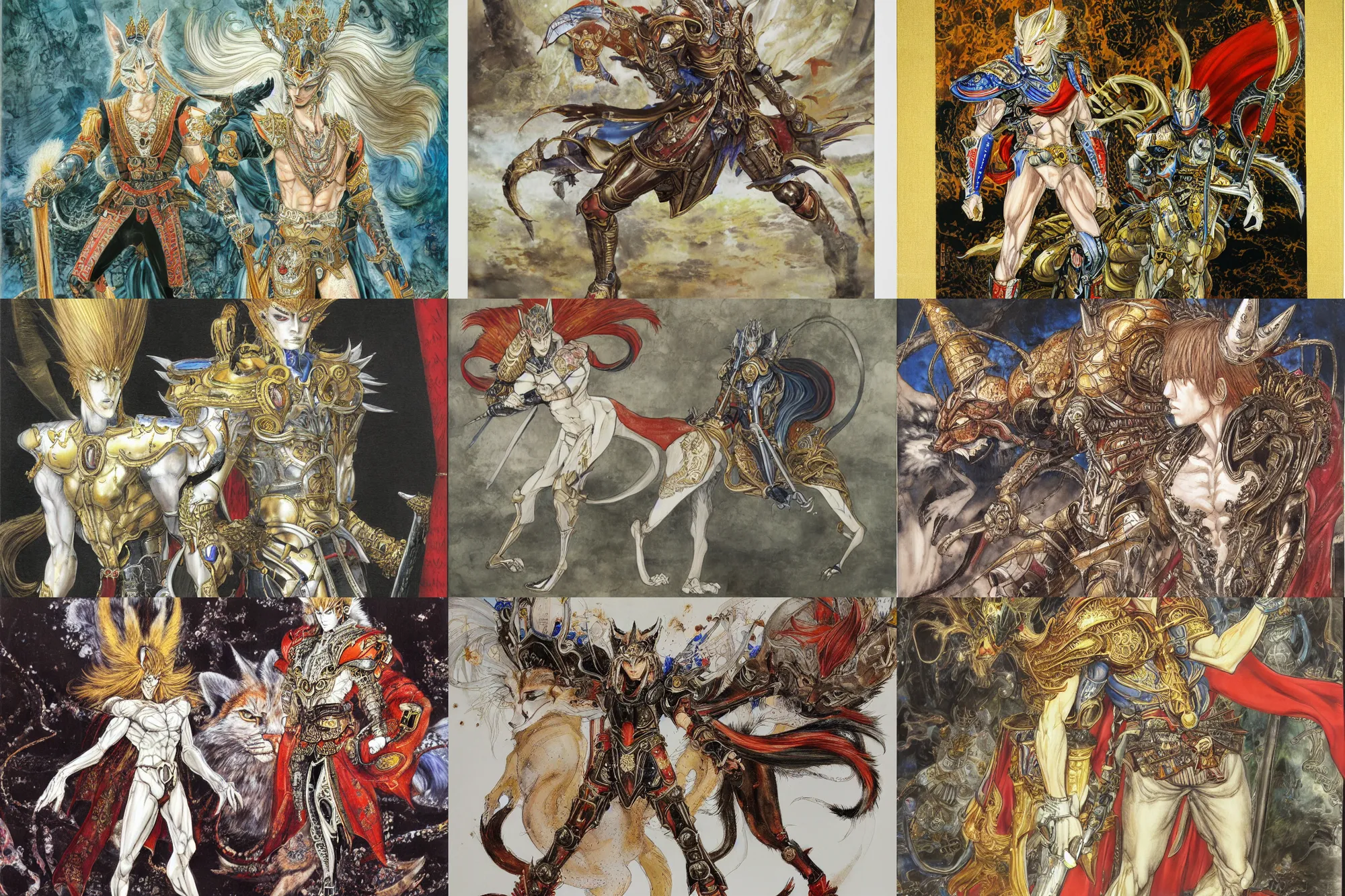 Image similar to 8k Yoshitaka Amano painting of upper body of a young cool looking slim caracal beast-man with white mane at a royal palace. He is wearing complex fantasy armors. Renaissance style.