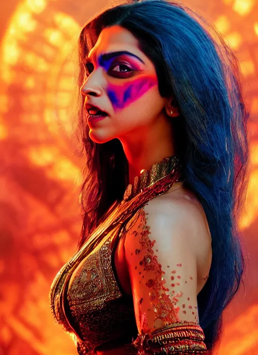 Prompt: A beautiful portrait of a Deepika Padukone as santanico pandemonium from the movie from dusk till dawn, movie still, vibrant color scheme, highly detailed, in the style of cinematic, artstation, Greg rutkowski UHD 8K