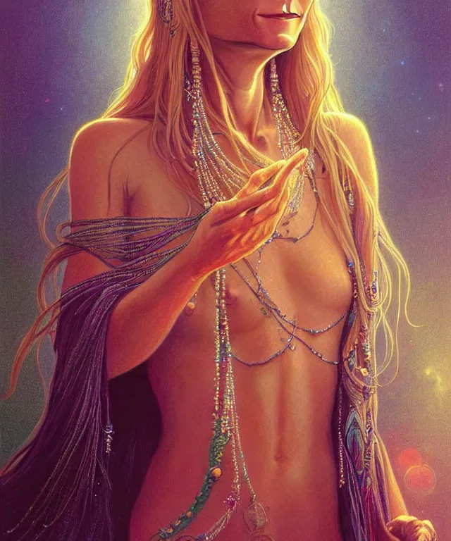 Prompt: Gwyneth Paltrow as a meditating new age hippie with beads and crystals, portrait, intricate, elegant, highly detailed, digital painting, artstation, concept art, smooth, sharp focus, illustration, art by artgerm and greg rutkowski and alphonse mucha