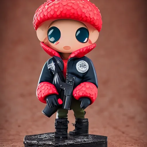 Prompt: magic mushroom wearing large puffer jacket and ak 4 7, nendroid, butcher billy style