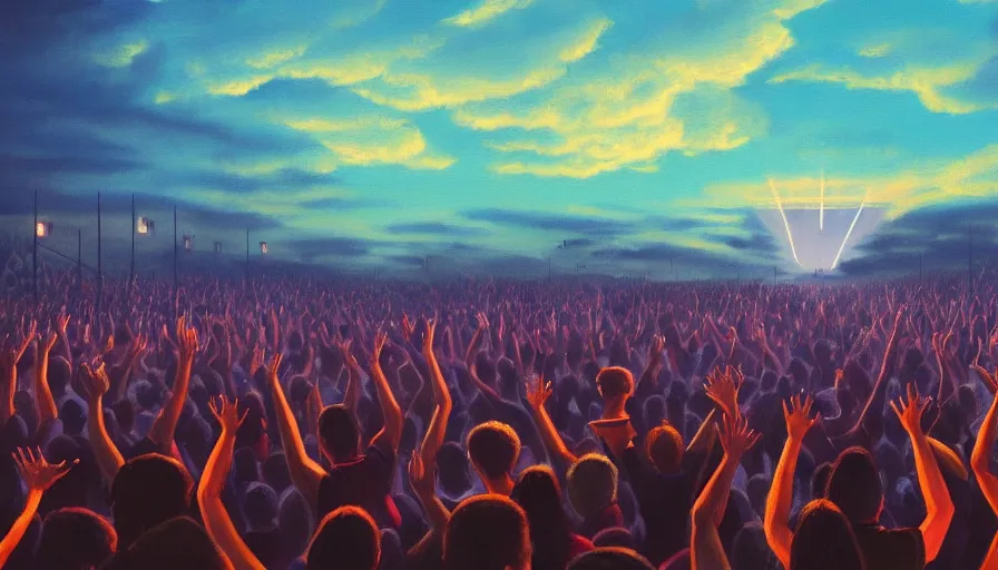 Image similar to painting of a panicked crowd pointing!! towards a glowing sky, raising their arms, volumetric lighting, nasty, hyperdetailed, realistic