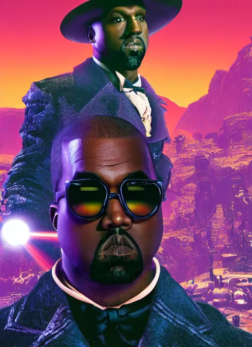 Image similar to Kanye West as willy wonka in fallout new vegas, splash art, movie still, cinematic lighting, dramatic, octane render, long lens, shallow depth of field, bokeh, anamorphic lens flare, 8k, hyper detailed, 35mm film grain