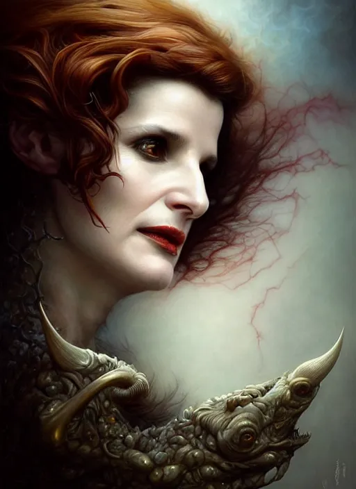 Image similar to julette binoche as an devil, aesthetic, fine art, intricate, elegant, highly detailed, realistic hair, centered, digital painting, art station, conceptual art, soft, sharp focus, illustration, artwork, artgerm, tomasz alen kopera, peter mohrbacher, donato giancola, wlop, boris vallejo