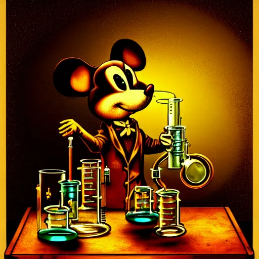 Image similar to anthropomorphic steampunk mouse performing a chemistry experiment with bright radioactive beakers, realistic, chiaroscuro, renaissance art, realistic, intricate textures