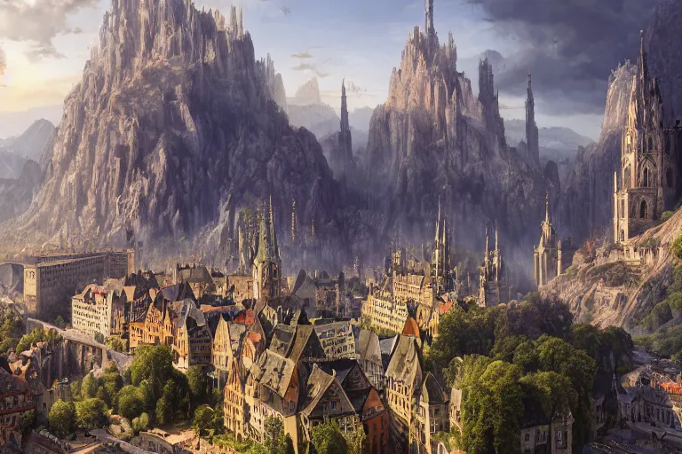 Image similar to an ultra detailed matte landscape painting of an german renaissance capital city built into the side of a mountain with many tall spirally towers, sweeping vista, german renaissance architecture, ultrawide lens, aerial photography, 8 k, volumetric lighting, smooth, highly detailed, digital illustration, art by greg rutkowski and akira toriyama and artgerm, pixv