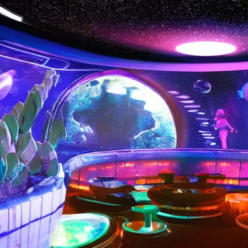 Prompt: space punk nightclub on an asteroid orbiting saturn with an indoor aquarium and bar