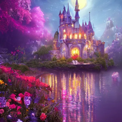 Image similar to a single glittering fairy castle at night, a full moon, water and colourful flowers, extremely detailed oil painting, unreal 5 render, fantasy digital art, octane render, beautiful composition, trending on artstation, award-winning photograph, masterpiece