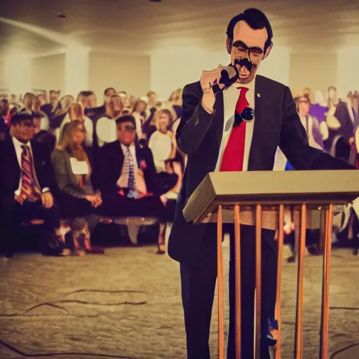 Prompt: photograph of waluigi as a presidential candidate giving a speech. Dramatic lighting. Award winning photography.