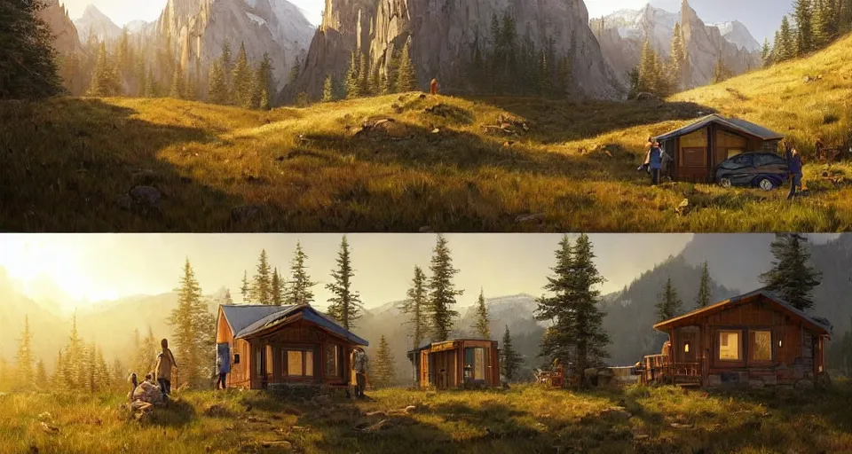 Image similar to cabela's beautiful comfortable community of modular insulated wall container home kit - house all weather family dwelling tent house, person in foreground, mountainous forested wilderness open fields, beautiful views, painterly concept art, environmental concept art, concept art illustration, by james gurney, by craig mullins, by greg rutkowski trending on artstation