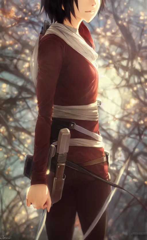 Image similar to mikasa ackerman, hero pose, medium shot, bokeh, beautiful face!!!!, 2 7 years old, cg animation, lifelike, animated, realistic, character select portrait, by artgerm, greg rutkowski, alphonse mucha, 3 d