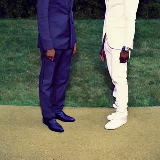 Image similar to A photo of Chance the Rapper and Kanye West standing side by side in suits by Wes Anderosn, 8K concept art, vintage, shot on Kodak Ektar