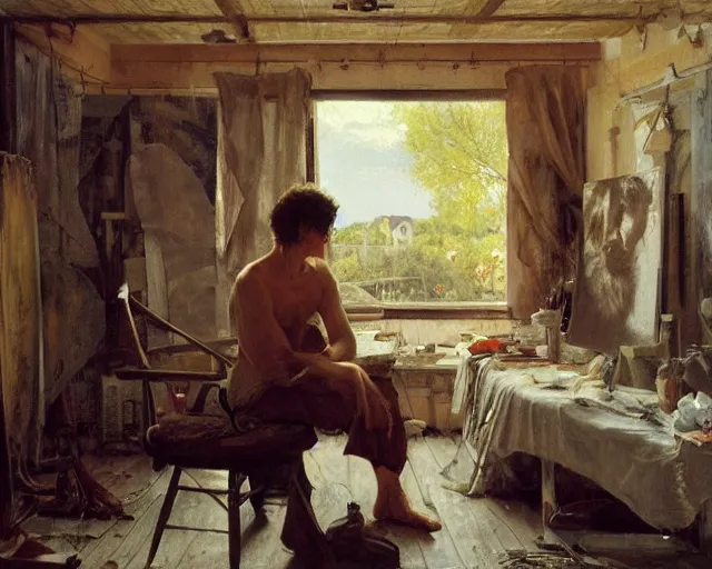 Image similar to an exhausted painter in his studio painting a picture of a beautiful girl - key lighting, soft lights, by steve hanks, by edgar maxence, by caravaggio, by michael whelan, by delacroix, by serov valentin, by tarkovsky, 8 k render, detailed, oil on canvas