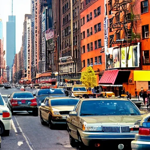 Prompt: color still of new york city and the street is filled with dinosaurs