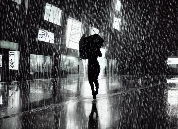 Image similar to a silhouetted person with long, flowing hair runs through an empty neon - lit brutalist city in the rain, colored gel lighting, reflective surfaces, midnight, portra, film grain, high contrast, hyperdetailed, chromatic aberration, reminiscent of the umbrellas of cherbourg, dynamic pose