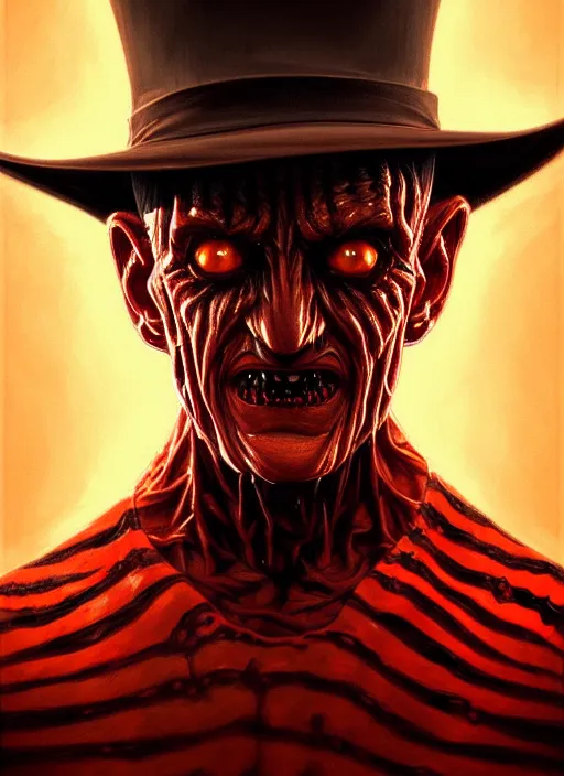 Image similar to symmetry!! portrait of freddy krueger, horror, moody lights!! intricate, scary, highly detailed, digital painting, artstation, concept art, smooth, sharp focus, illustration, art by artgerm and greg rutkowski and alphonse mucha