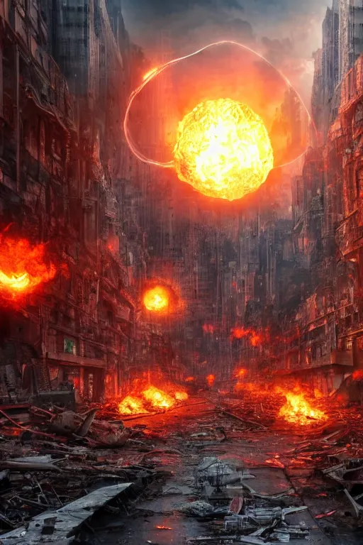 Prompt: Cybernetic Robotic Fire Orb Floating above a destroyed city street, fantasy, photorealistic, metropolis