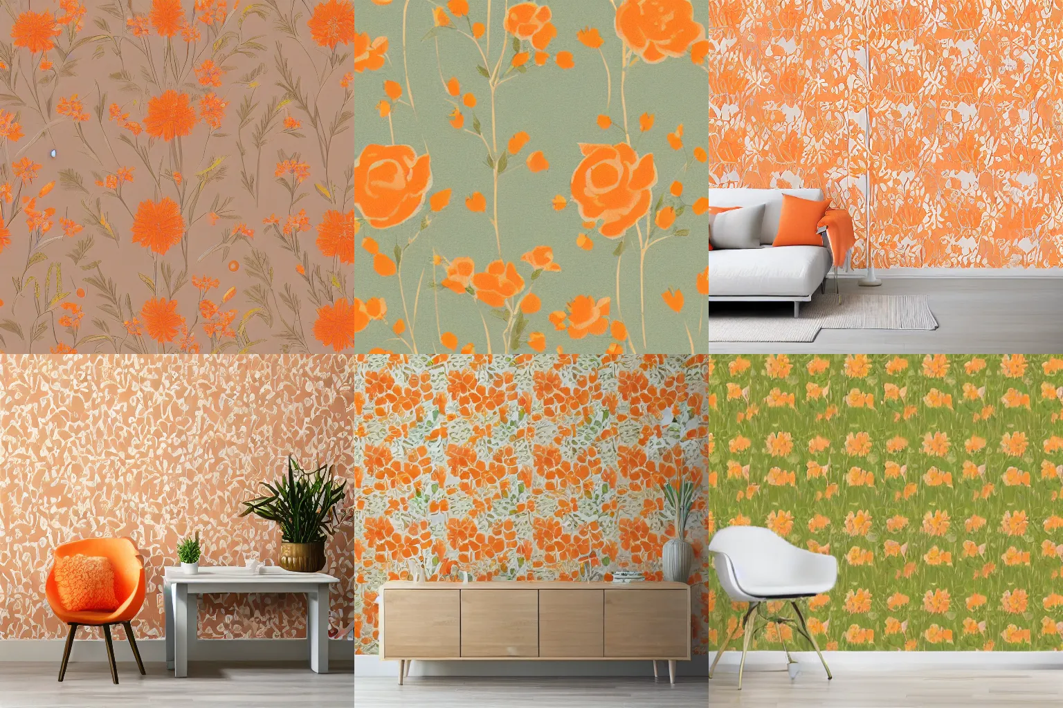 Prompt: minimalistic clove floral wallpaper texture with small two tone grass and flowers, orange pastel colors