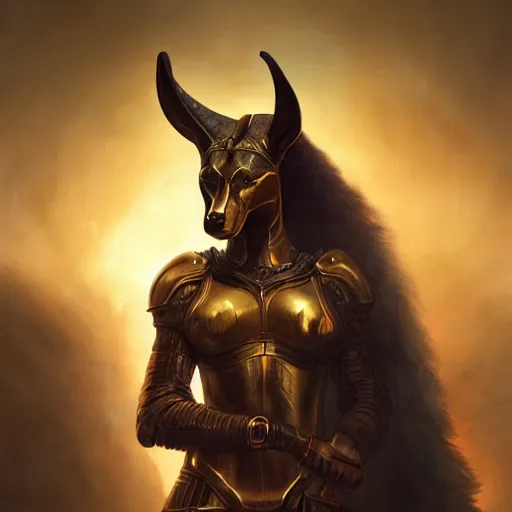 Image similar to majestic gracious anubis female warrior portrait, atmospheric lighting, painted, menacing, intricate, volumetric lighting, beautiful, rich deep colours masterpiece, golden hour, sharp focus, ultra detailed, by leesha hannigan, ross tran, thierry doizon, kai carpenter, ignacio fernandez rios