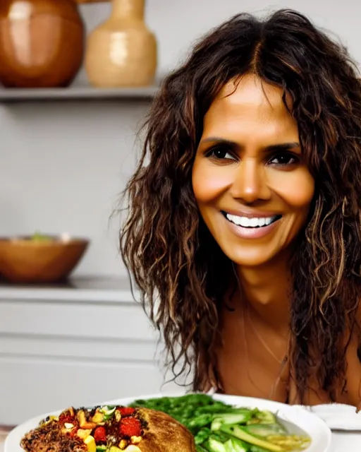Prompt: photoshoot of model halle berry cooking a meal, 8 k, photorealistic