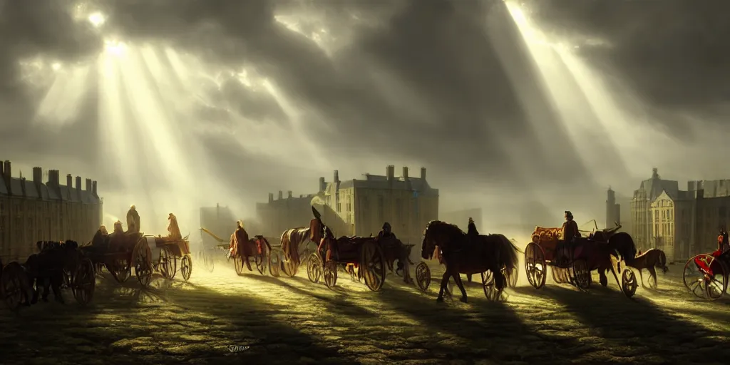 Prompt: 1 8 th century london, god rays, carriages with horses, digital art, landscape, fantasy art, octane render, ureal engine, high detail, very realistic, by greg rutkowski. by james gurney