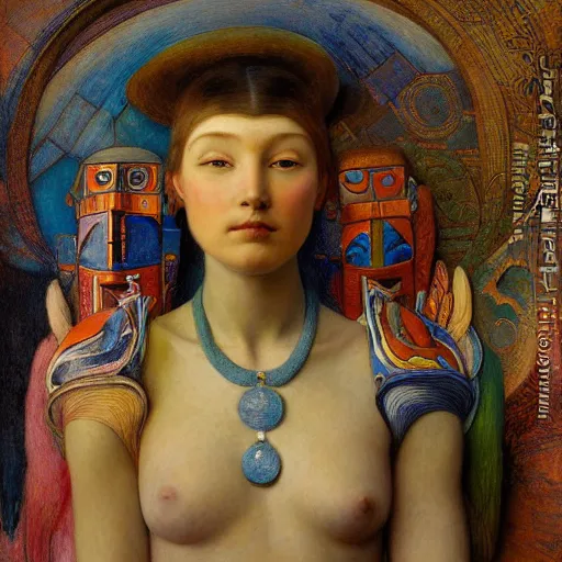 Image similar to the young robot queen with her feathered bird mask, by annie swynnerton and diego rivera and elihu vedder, symbolist, dramatic lighting, elaborate geometric ornament, head and shoulders view, art brut, soft cool colors, smooth, sharp focus, extremely detailed, adolf wolfli and donato giancola