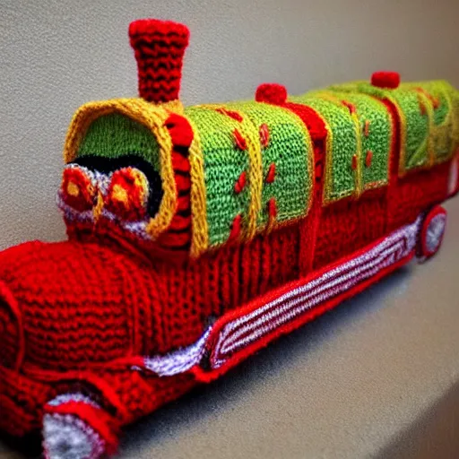 Prompt: knitted red train located in dreamland, Disney style, trending on art station