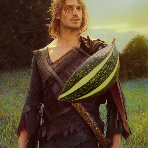 Prompt: a watermelon as aragorn by alan lee, leather armor, golden hour, concept art, detailed clothing, art station, oil painting, art by artgerm and greg rutkowski and alphonse mucha