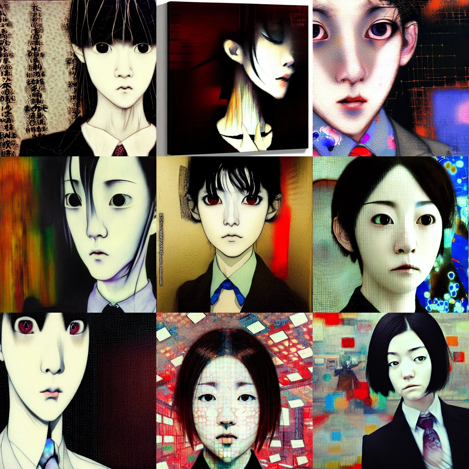 Prompt: yoshitaka amano blurred and dreamy realistic three quarter angle portrait of a young woman with short hair and black eyes wearing office suit with tie, junji ito abstract patterns in the background, shadows on the face, satoshi kon anime, noisy film grain effect, highly detailed, renaissance oil painting, weird portrait angle, blurred lost edges