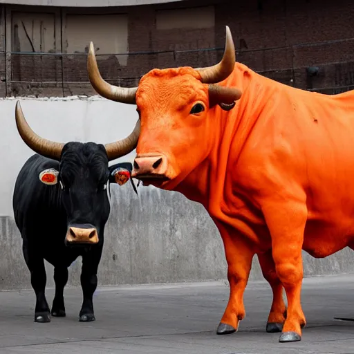 Image similar to bull in a bullring wearing orange prisoner clothes