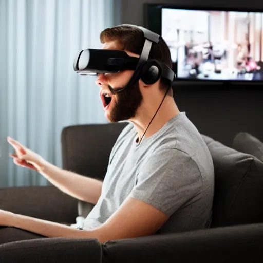 Image similar to 9 0 deg shot of a man sitting on the couch!!, watching vr in a headset!! in a darkly lit room, with a monitor behind the scene