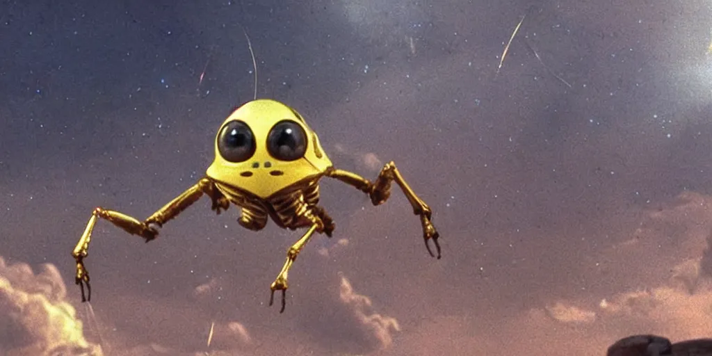 Prompt: lightning bug descendant 1 million in the future is a quadruped with big eyes. the bug wears a spacesuit, and explores the cosmos in a bug - shaped spaceship. science fiction blockbuster movie bugs save the planet or the bug from saturn, starship troopers ( 1 9 9 7 ), rogue one