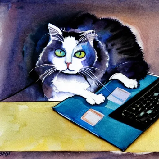 Image similar to ragdoll cat is lying on a computer table, girl is playing with computer, watercolor painting