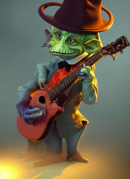 Prompt: a cute sharply dressed goblin playing the blues on an old guitar, in the style of boris valejo and terry gilliam, fantastic, dramatic lighting, smoke, mist, forest, hyperrealistic, detailed, octane render