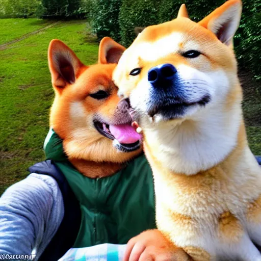 Image similar to a photo selfie of shiba inu and mallard, best friends