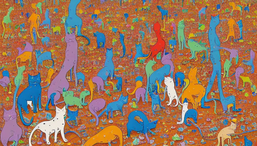 Image similar to highly detailed contemporary acrylic painting of really tall sitting cats by geof darrow, thick brush strokes and visible paint layers, vivid multicolor scheme