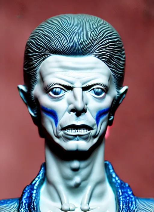 Image similar to David Bowie , A Close up photo-real delicate ceramic porcelain sculpture of a symmetrical ornate detailed in front of an intricate background by Victo Ngai and takato yamamoto, micro detail, backlit lighting, face in focus, subsurface scattering, translucent, thin porcelain, octane renderer, colorful, physically based rendering, japanese pottery, trending on cgsociety