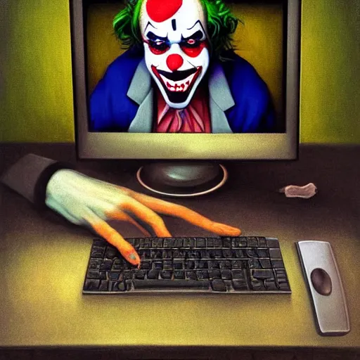 Prompt: clown with joker face paint sitting on gamer's chair on a computer typing on a keyboard, computer, keyboard, looking sad crying in the dark and gloom with tears flowing, realistic, detailed, highly detailed, hyper detailed, high definition, extremely detailed oil painting, rhads, Bruce Pennington, Studio Ghibli, tim hildebrandt, beautiful composition, trending on artstation, award-winning photograph, masterpiece