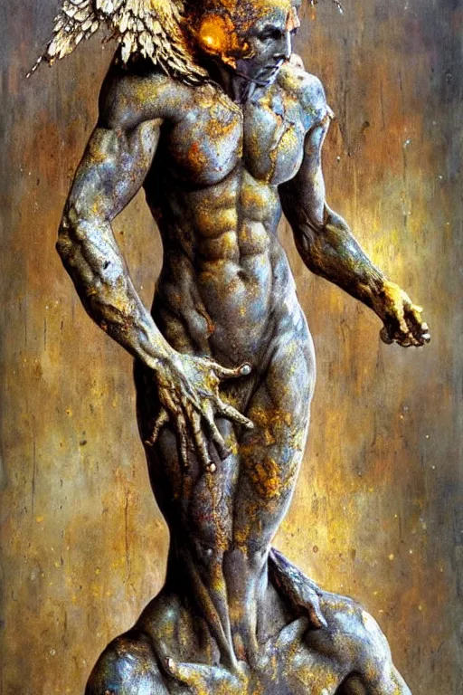 Prompt: realistic detailed statue full body of the vallyrian golem made with marble and with stained rust golden wings, cracked body full of scars, made by Karol Bak, Mark Brooks and Bernini. Rich colors. Beksinski and painting. Masterpiece