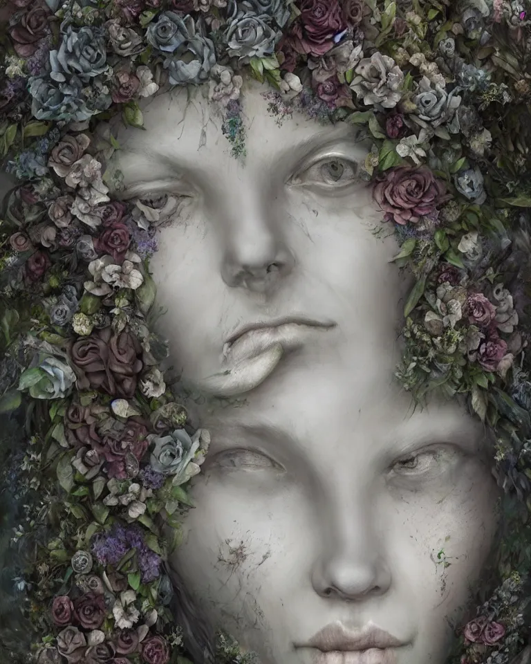 Image similar to a digital painting of the face of a gothic cemetery statue made of mist and flowers, Andrew Ferez, Charlie Bowater, Marco Mazzoni, Seb McKinnon, Ryohei Hase, Alberto Seveso, Kim Keever, trending on cgsociety, featured on zbrush central, new sculpture, mystical