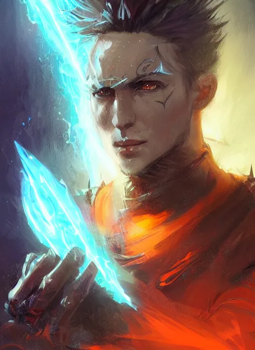 Image similar to character concept portrait of a handsome young dark wizard with olive skin and buzzed short spiky hairstyle casting a dark magic spell with red and orange glowing runes, a floating iridescent spell book, intricate, elegant, digital painting, concept art, smooth, sharp focus, illustration, from Metal Gear, by Ruan Jia and Mandy Jurgens and Artgerm and William-Adolphe Bouguereau