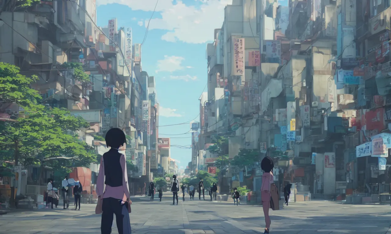 Prompt: A screenshot of the girl on the a seoul city street in the scene in the Makoto Shinkai anime film Kimi no na wa, pretty rim highlights and specular