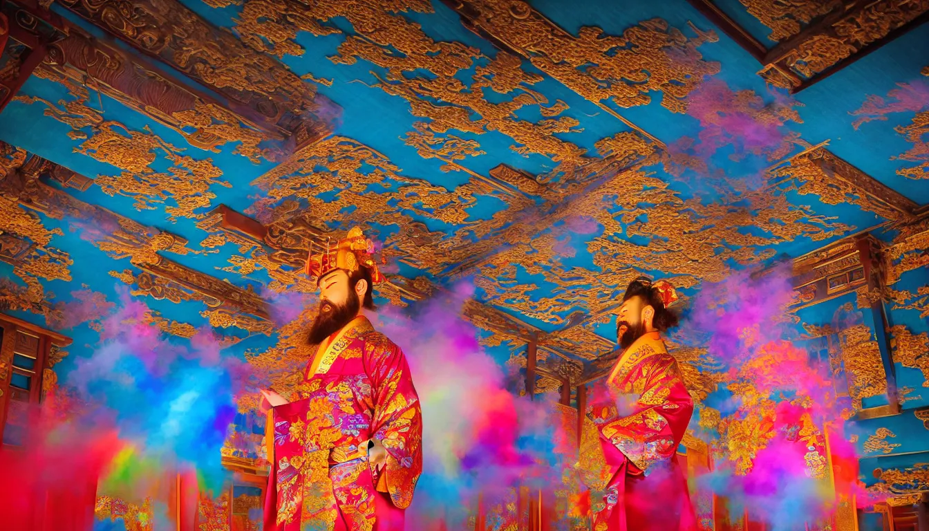 Image similar to burst powders ,volumetric lighting, twisting vapour ,flowing shimmering brilliant colourful fabrics, emerging sounds and an ancient male bearded face , inside a huge traditional Japanese Royal ornate temple , full colour , upscale , 4k