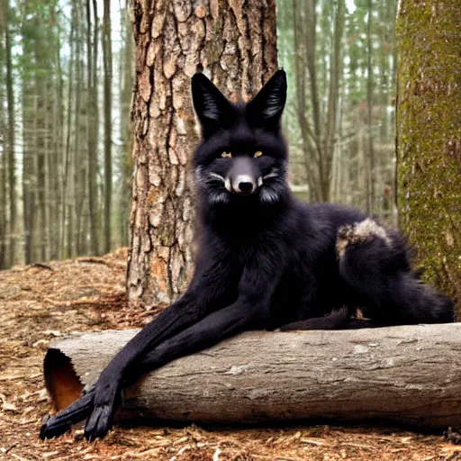 Image similar to anthro black fox with deer antlers on head sitting on a log in a fantasy forest drinking pepsi