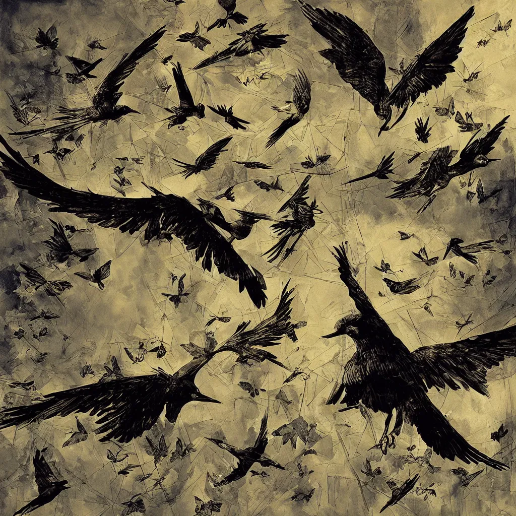 Image similar to digital birds fly over a progressively rasterized, oil on canvas by dave mckean and ivan shishkin