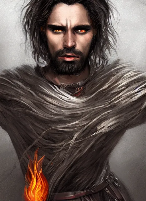 Prompt: medium-length portrait of a male fire genassi sorcerer with hair made of fire and dark eyes, fire genassi, fire genassi, fire hair, fire elemental, grey skin, serious expression, wears a dark robe and silver gauntlets, medieval setting, highly detailed, digital painting, artstation, concept art, sharp focus, illustration, art by greg rutkowski and alphonse mucha