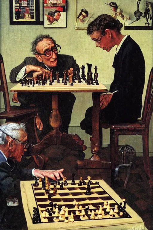 Image similar to franco battiato playing chess painted by norman rockwell