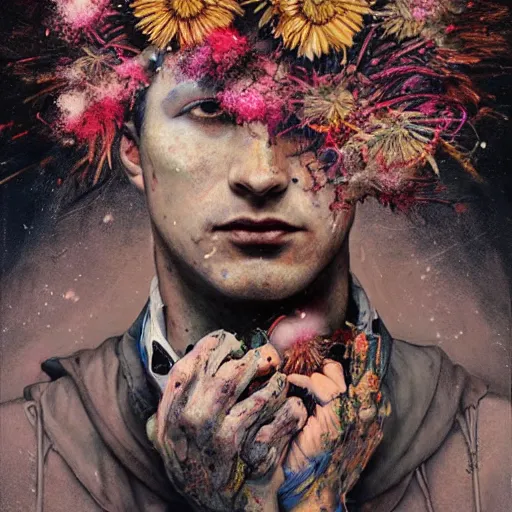 Image similar to art portrait of a man with flowers exploding out of head, cameras, decaying ,8k,by tristan eaton,Stanley Artgermm,Tom Bagshaw,Greg Rutkowski,Carne Griffiths, Ayami Kojima, Beksinski, Giger,trending on DeviantArt,face enhance,hyper detailed,minimalist,cybernetic, android, blade runner,full of colour,