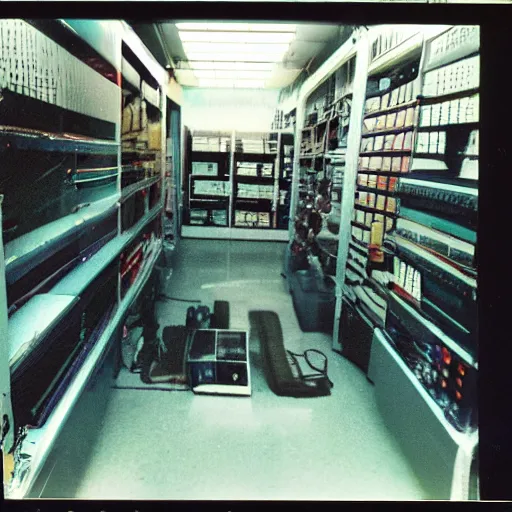 Prompt: electronics bay in 1990. As described by William Gibson. Polaroid
