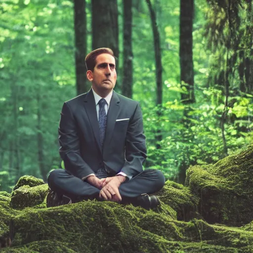 Prompt: Michael Scott meditate in forest, realistic photo, 90mm