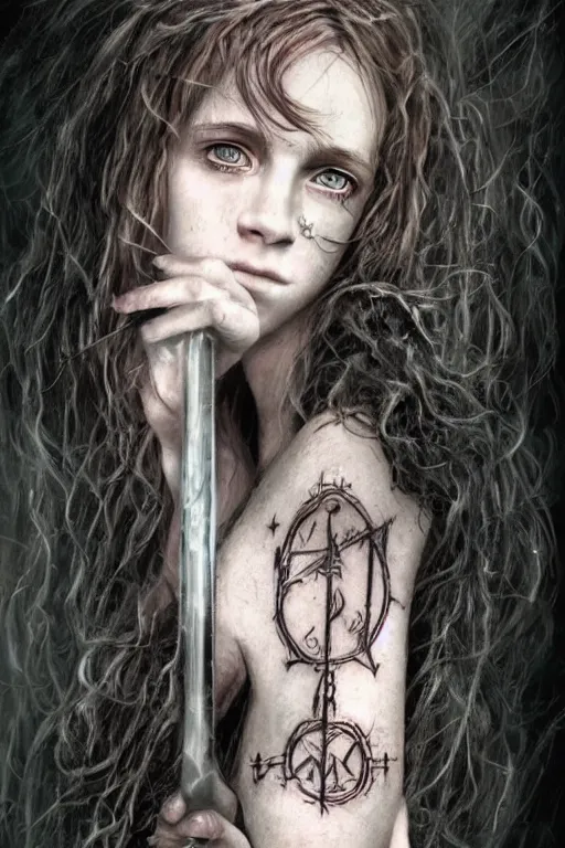 Prompt: dressed Hermione Granger in tattoos with a magic wand, by luis royo, beautiful eyes, top cinematic lighting, cinematic mood, hyperrealism, high detail